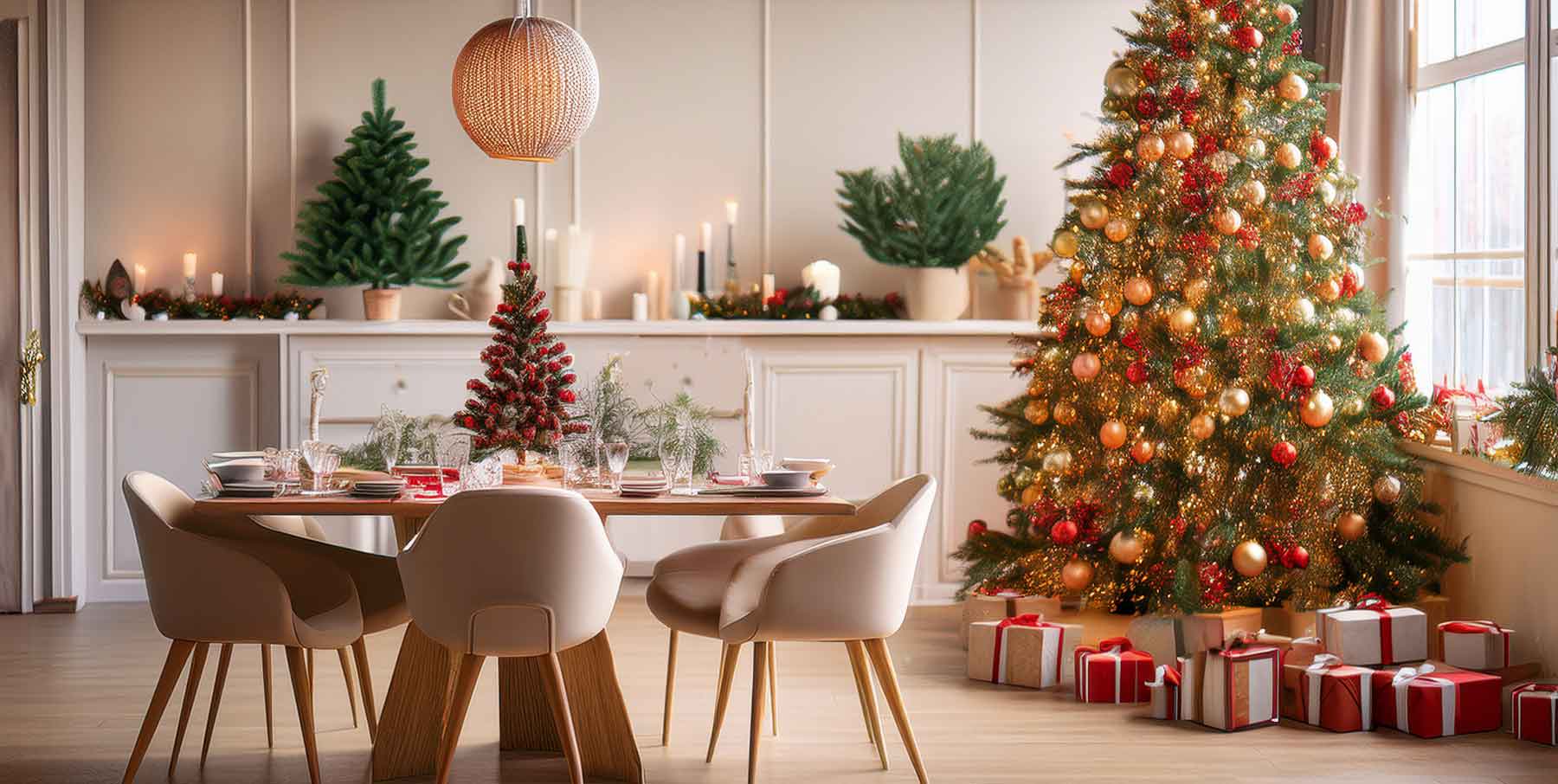 Weihnachtszimmer mit Tannenbaum, gedecktem Tisch und Geschenkepäckchen