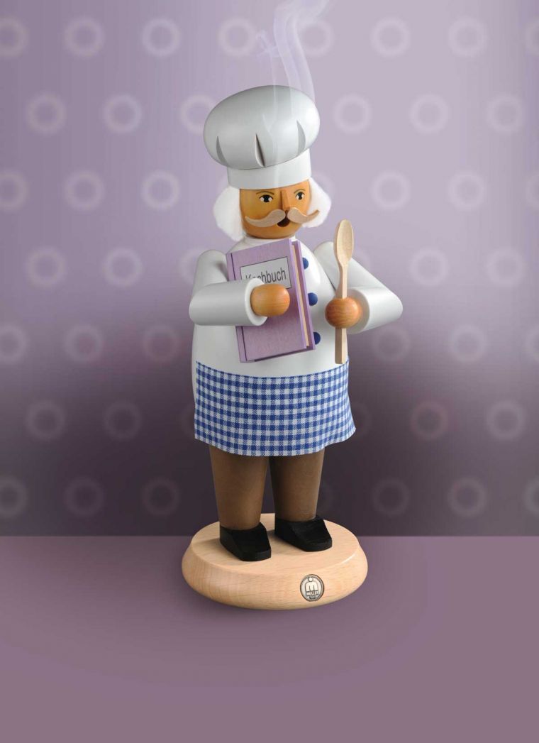 Figur Koch aus dem Erzgebirge mit Kochbuch und Kochloeffel