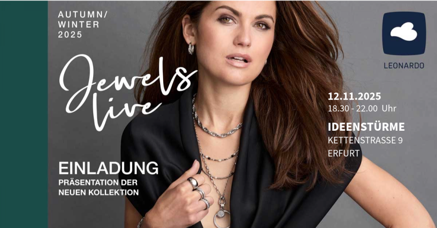 Einladung mit Termin, Anschrift und abgebildeter Frau mit Schmuck